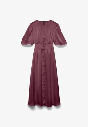 Fioletowo-różowa sukienka midi z miękkiego materiału z krótkimi bufkami, dekoltem w kształcie litery V i guzikami z przodu zapewniającymi dopasowany wygląd.