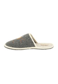 Gray wool slipper with a cream-colored lining and sole, featuring embroidered floral details on the upper side. Classic rounded shape.