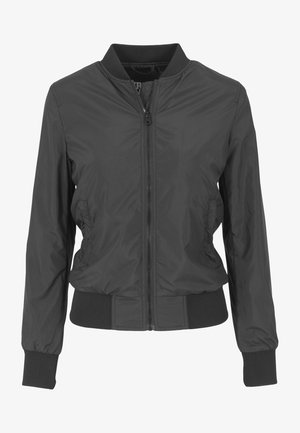 Veste bomber zippée noire avec col, poignets et taille côtelés, dotée de deux poches latérales et d'une texture lisse en nylon.