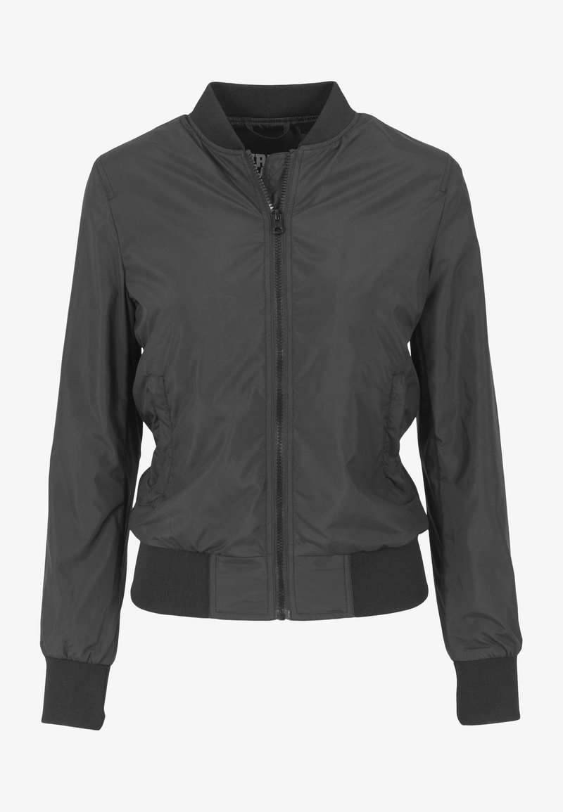 Veste bomber zippée noire avec col, poignets et taille côtelés, dotée de deux poches latérales et d'une texture lisse en nylon.