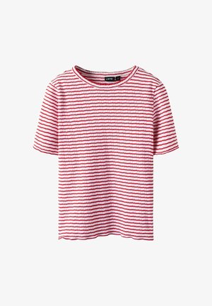Geruite korte mouwen T-shirt in rood en wit, met een ronde halslijn en een textuurstof met horizontale lijnen. Etiket gelabeld LMTD.