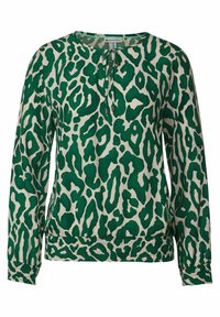 Blusa a maniche lunghe con stampa astratta di leopardo verde e beige, scollatura rotonda, stringa da annodare, e orlo e polsini elastici.