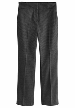 Gray patterned trousers with a straight leg design, featuring a flat front waistband and subtle check pattern texture.