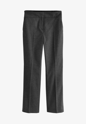 Grå mönstrade byxor med rak bendesign, med platt midjeband och subtil rutmönsterstruktur.