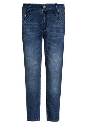Ciemnoniebieskie jeansy slim-fit z przednim guzikiem i kieszeniami, z subtelnym blaknięciem i detalami przeszyć na białym tle.