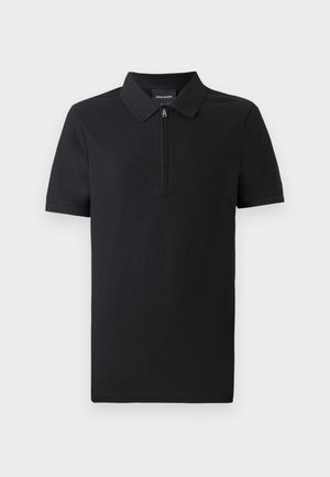 Polo noir à manches courtes avec un col zippé, fabriqué dans un tissu lisse, présentant un design classique et une coupe ajustée.