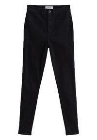 Jeans ajustados negros de denim con una textura suave, que cuentan con un cierre frontal de botón y un diseño estándar de cinco bolsillos.