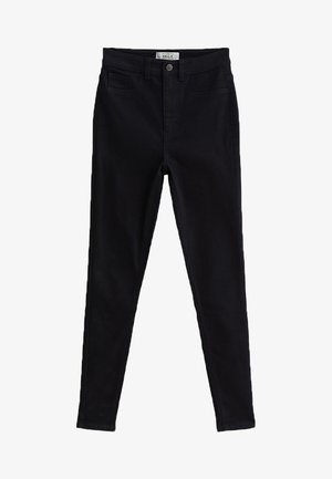 Black skinny jeans made of denim with a smooth texture, featuring a front button closure and standard five-pocket design.