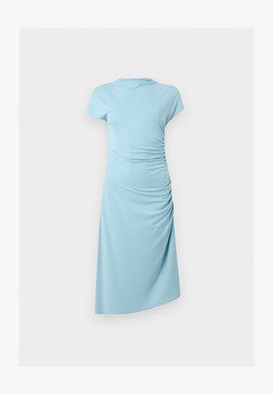 Light blue, short-sleeve midi dress with a round neckline and gathered side detailing on a plain background.