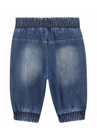 Pantaloni in denim con vita elastica, caratterizzati da un lavaggio azzurro chiaro, polsini arricciati e una vestibilità rilassata. Progettati con cuciture laterali.