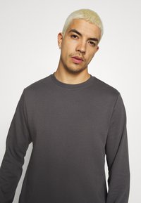 Grå langermet sweatshirt med rund hals, laget av et glatt, mykt materiale. Har flate sømmer og ingen synlige mønstre.