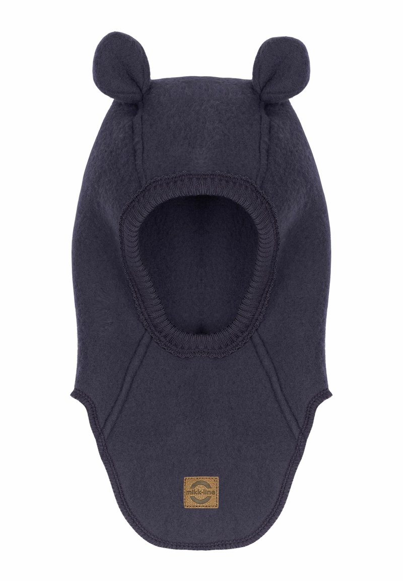 Navig blå fleecehuva med björnever, med en bred öppning, ribbade kanter och en strukturerad finish. Inkluderar en läderlogotyp.