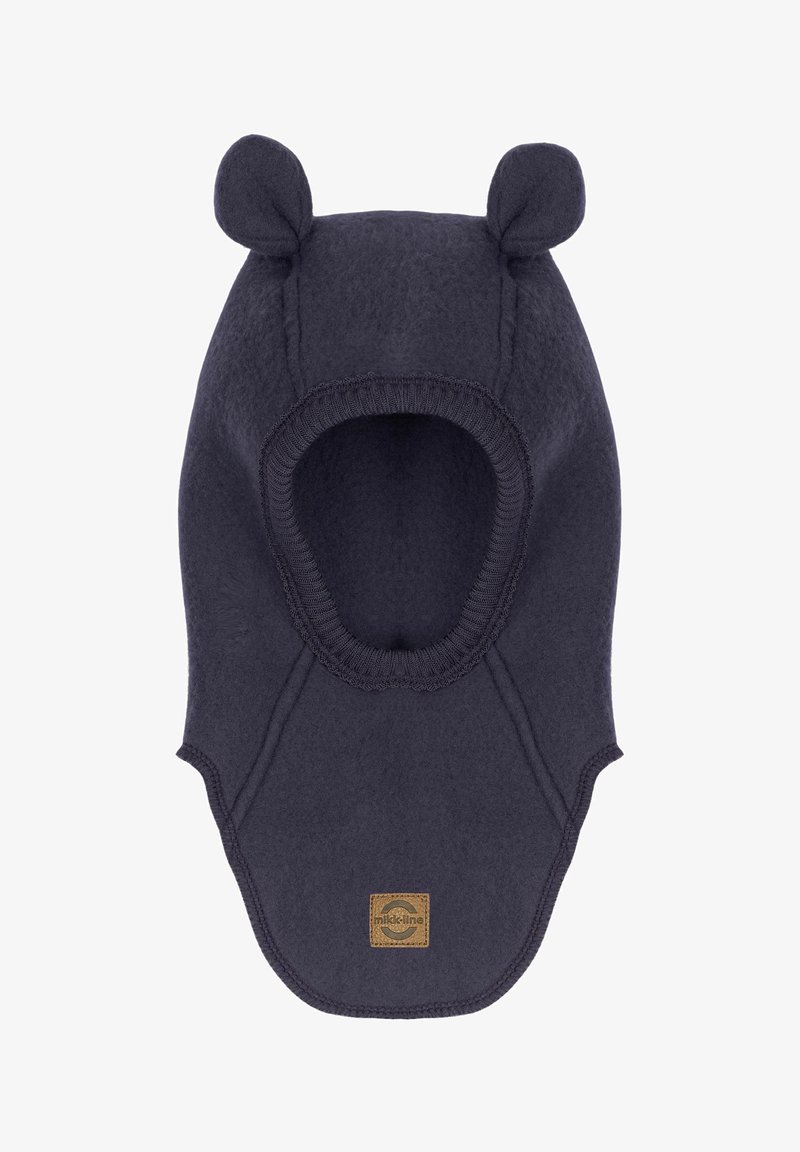 Tengerészkék bolyhos kapucnis pulóver medvefülekkel, széles nyílással, bordázott élekkel és texturált felülettel. Bőr logóval ellátva.