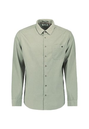 Light green long-sleeve shirt with a button-down collar, front pocket, and five buttons down the placket. Cotton fabric, smooth texture.