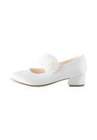 White ballet flats with a smooth satin finish, rounded toe, and a low block heel. Features two white floral accents on the strap.