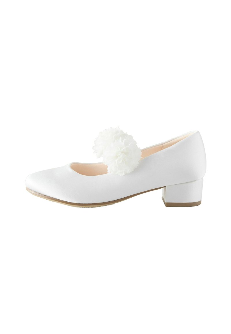 White ballet flats with a smooth satin finish, rounded toe, and a low block heel. Features two white floral accents on the strap.