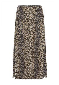 MIDI-Rock mit Leopardenmuster in Beige- und Brauntönen, aus leichtem Stoff gefertigt, mit fließendem Design und gewelltem Saum.