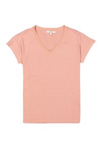 T-shirt rose clair à manches courtes et col en V, fabriqué en tissu doux, avec un col texturé à côtes et des lignes simples et épurées.