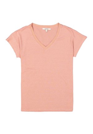 T-shirt rose clair à manches courtes et col en V, fabriqué en tissu doux, avec un col texturé à côtes et des lignes simples et épurées.