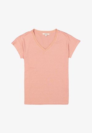 Lichtroze T-shirt met korte mouwen en V-hals, gemaakt van zachte stof, met een geweven ribbelkraag en eenvoudige, strakke lijnen.