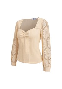 Top de punto acanalado beige con escote cuadrado, busto fruncido y mangas largas semitransparentes con grandes patrones de encaje floral.