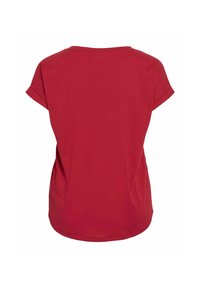 T-shirt rosso a maniche corte realizzato in tessuto morbido. Presenta un collo rotondo e una vestibilità rilassata con un orlo leggermente curvo nella parte inferiore.