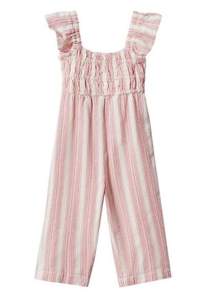 Jumpsuit i let stof med røde og hvide lodrette striber, smocket liv og flæser på skulderstropperne. Med bred ben-design.