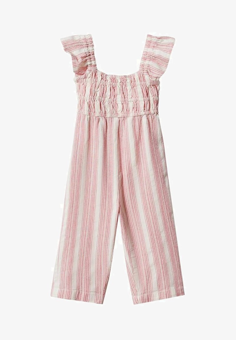 Combinaison en tissu léger, avec des rayures verticales rouges et blanches, corsage smocké et bretelles à volants. Design à jambes larges.