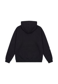 Sweat à capuche noir à manches longues avec poignets côtelés, vu de dos sur fond blanc.