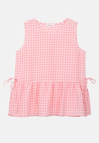 Top senza maniche in gingham rosa con scollatura rotonda, orlo peplum arricciato e lacci regolabili sui lati. Tessuto leggero, design informale.