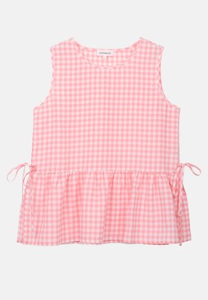 Rozā šūnu raksta topiņš bez piedurknēm ar apaļu kakla izgriezumu, sakrautu pepluma apakšmalu un regulējamām saitēm sānos. Viegls audums, ikdienišķs dizains.