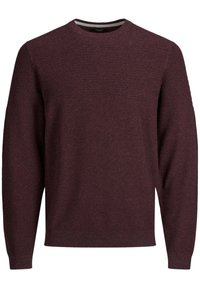 Bordowy sweter z dzianiny z okrągłym dekoltem, teksturowanym wzorem, ściągaczami na mankietach i dole oraz gładkim detalem na górnej części ciała.