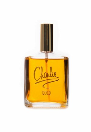 Firkantet klar glas parfume flaske med ravfarvet væske, gylden sprayhætte, mærket "Charlie GOLD" med kursivskrift og versaler.