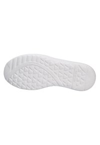 White rubber sneaker sole featuring a textured pattern with triangular nubs, curved lines, and embossed details for grip and style.