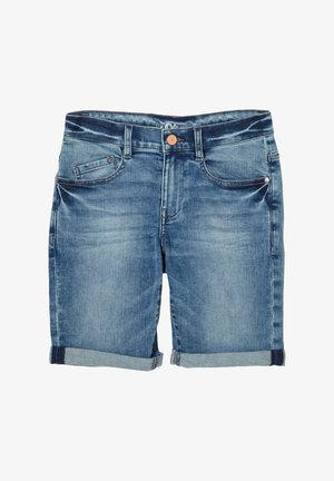 Niebieskie szorty dżinsowe z podwiniętymi nogawkami, przednimi kieszeniami oraz kieszonką na monety, z zapięciem na guzik w talii.