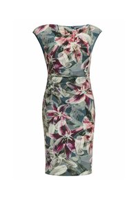 Körperbetontes Kleid mit floralem Muster in Blau, das große rosa und weiße Lilien zeigt, kurze Ärmel, Raffungen am Oberteil und ein knielanges Design hat.