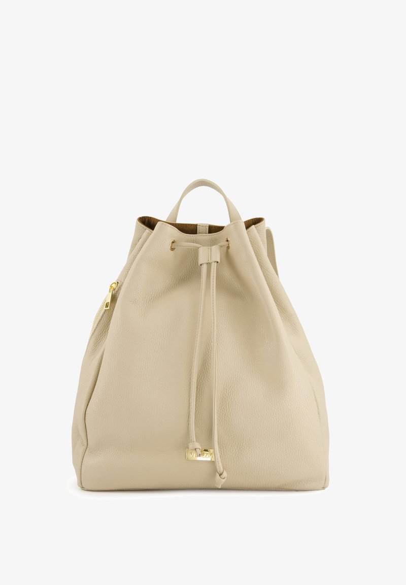 Cream leather drawstring backpack with a textured finish, featuring a gold-tone accent and a small top handle.