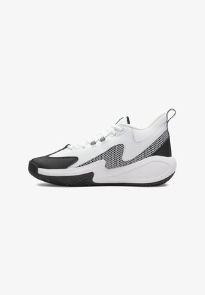 White and black athletic shoe with a mesh upper, rubber sole, textured accents, and a pull tab at the back for easy wear.