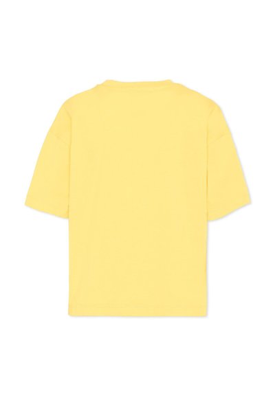 T-shirt jaune uni à manches courtes avec col rond, présenté de dos sur un fond blanc.
