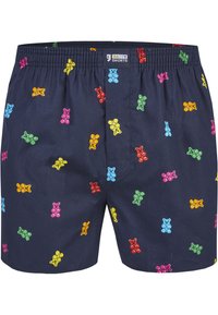 Marineblauwe boxers met een patroon van kleurrijke gummybeer-graphics in roze, rood, groen, geel en blauw. Elastische tailleband voor comfort.