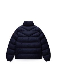 Chaqueta acolchada en azul marino con cuello alto, que presenta paneles acolchados y puños elásticos. Diseño sencillo sin logotipos ni acentos visibles.
