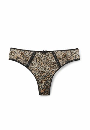 Leopard print thong made of lace with black trim. Features a small bow at the center front and decorative accents along the edges.