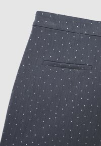 Pantaloni in tessuto grigio scuro con un sottile motivo a righe, decorati con piccole paillettes riflettenti. Include una tasca posteriore.