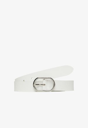 White leather belt with an oval silver metal buckle, shown rolled with the end extended, against a white background.