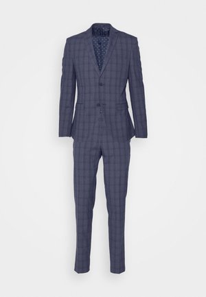 Navy blue suit featuring a checkered pattern, single-breasted blazer with two buttons, and slim-fit trousers with a smooth texture.