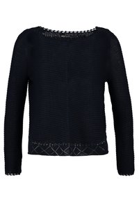 Maglione lavorato a maglia blu scuro con scollatura rotonda, maniche lunghe, tessuto testurizzato e motivo a diamante all'orlo.