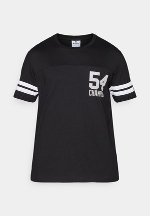 Juodas medvilninis marškinėliai su apvali apykakle, su baltomis juostelėmis ant rankovių ir numeriu "54" bei "CHAMPION" atspausdintu pilkai.