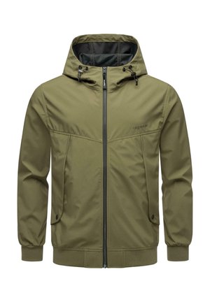 Olijfgroene zip-up jack met capuchon, voorzien van verstelbare trekkoorden, zijzakken met kleppen en elastische boorden bij de polsen.