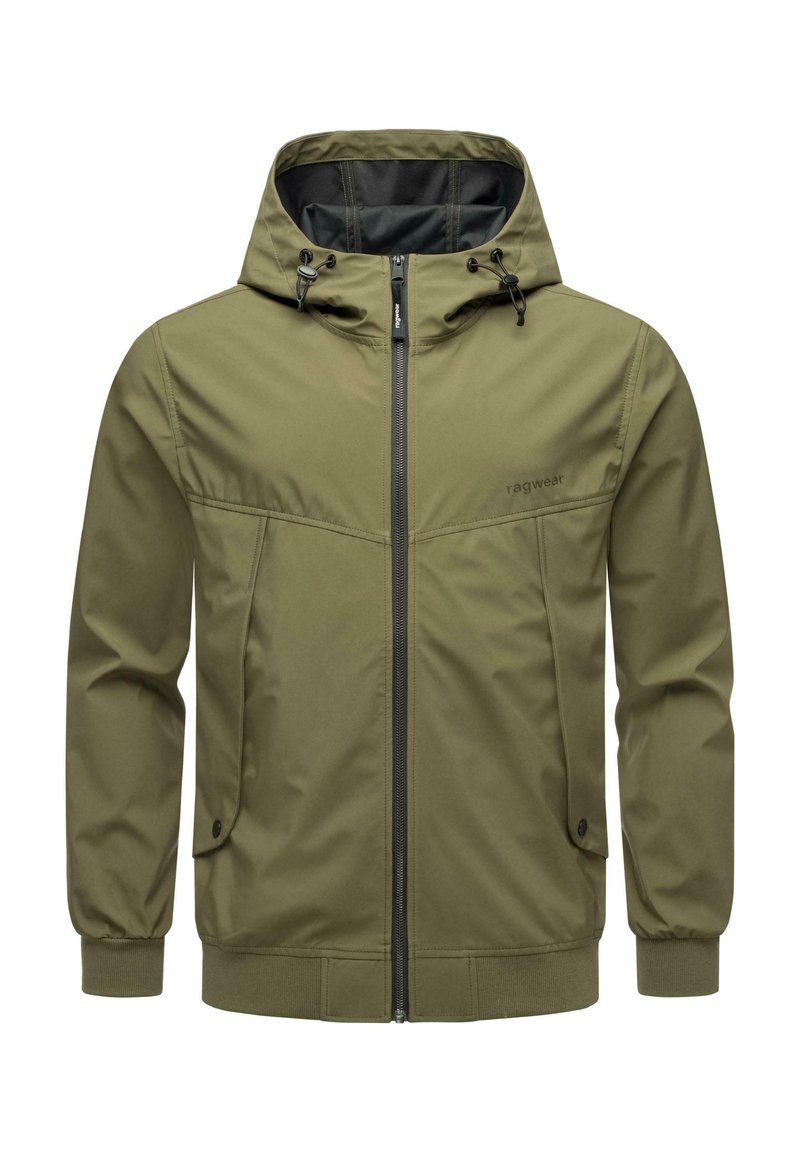 Olijfgroene zip-up jack met capuchon, voorzien van verstelbare trekkoorden, zijzakken met kleppen en elastische boorden bij de polsen.