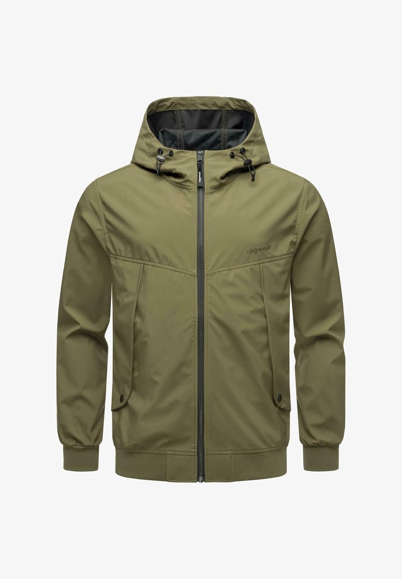 Olive green zip-up jacket with a hood, featuring adjustable drawstrings, side pockets with flaps, and elastic cuffs at the wrists.